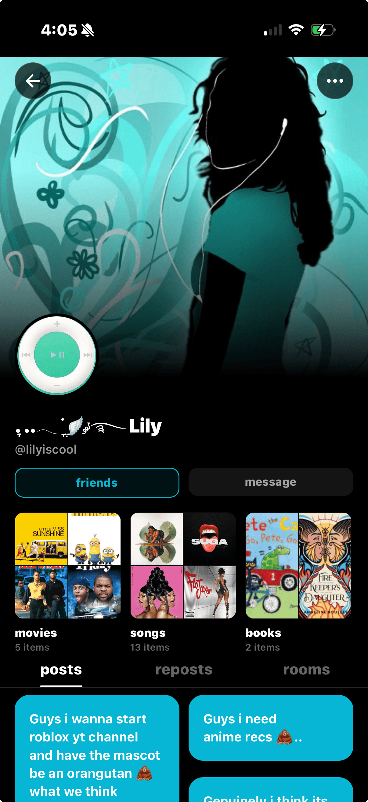 Lily's Sharespot profile with a teal music-player header.