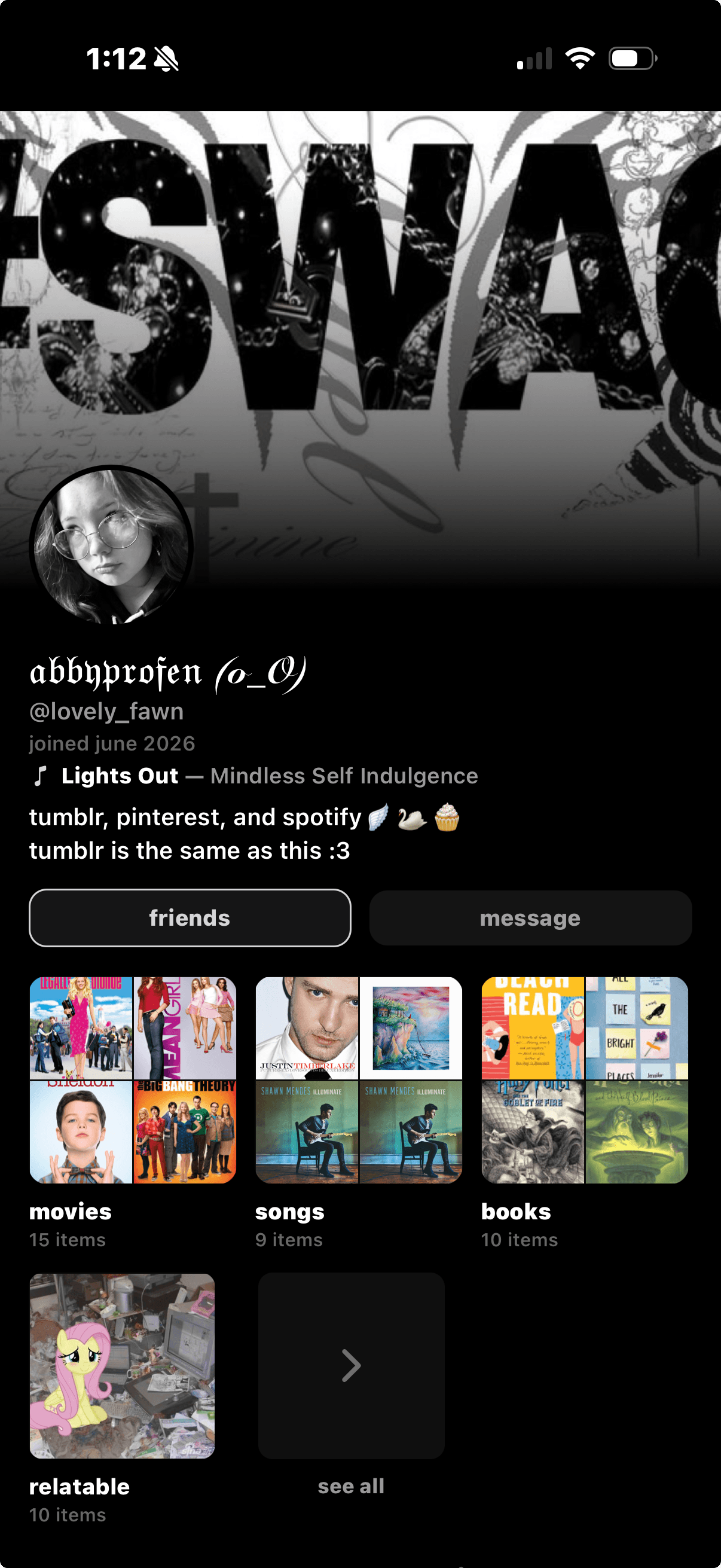 Abbyprofen's Sharespot profile with a black SWAG collage header.