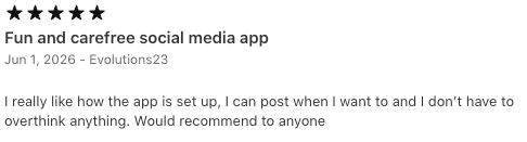 App Store review titled Fun and carefree social media app.